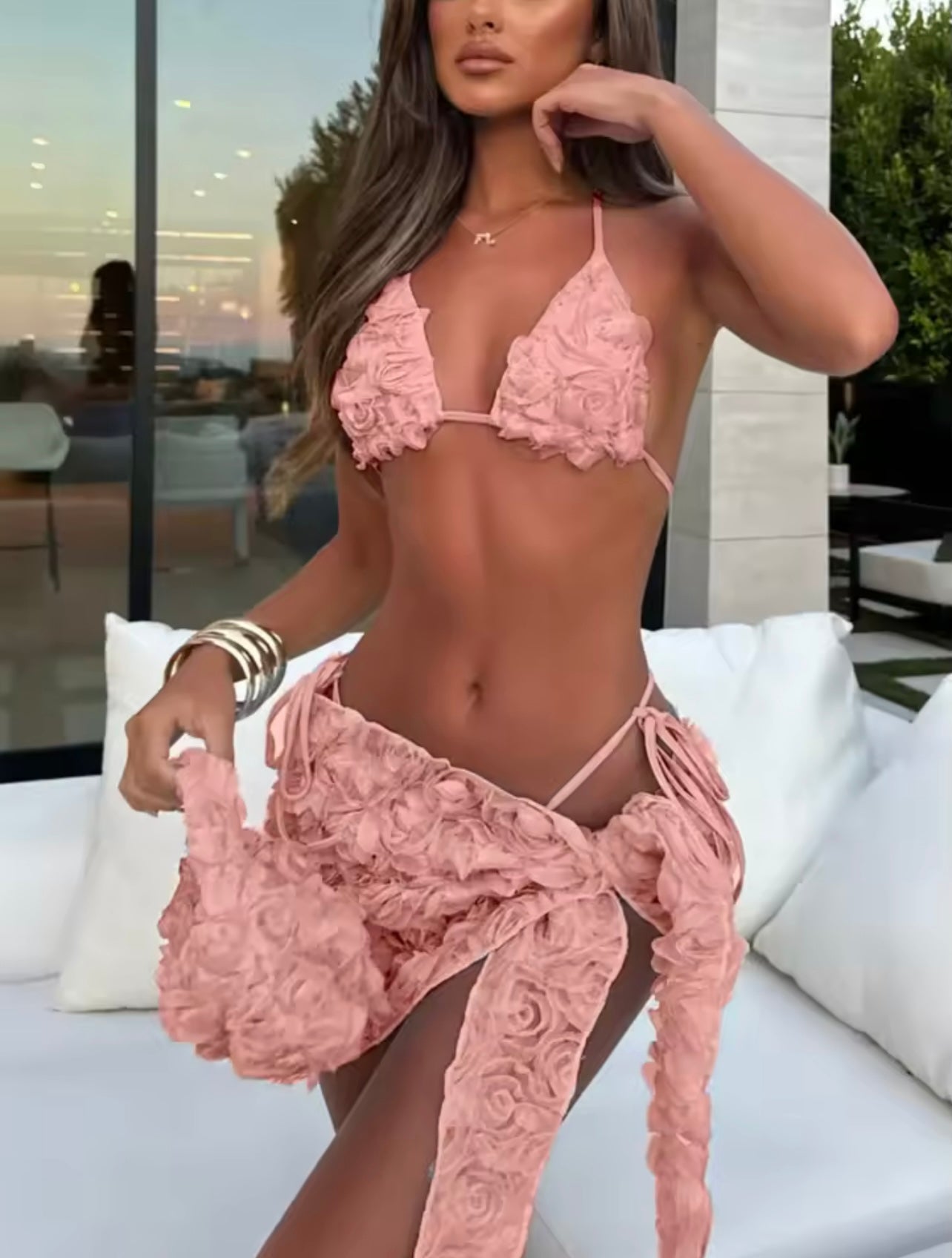 Bikinis 3 pièces rose en relief
