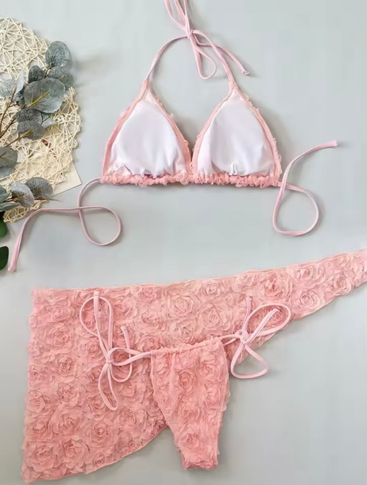 Bikinis 3 pièces rose en relief
