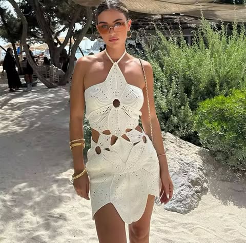 Robe Courte en Crochet Blanc