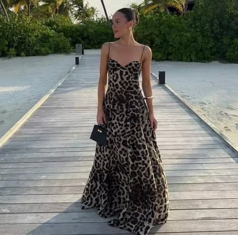 Robe Longue à Bretelles Imprimé Léopard